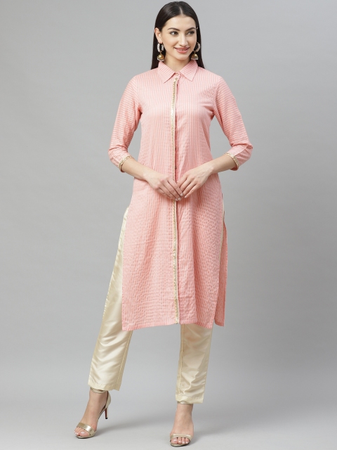 

Myshka Women Pink & White Self-Striped Straight Kurta