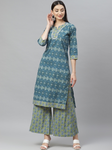 

Myshka Women Blue & Green Printed Kurta with Palazzos