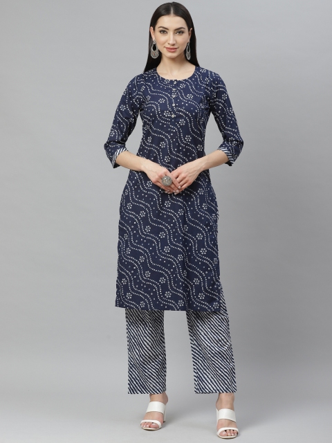 

Myshka Women Navy Blue & White Bandhani Printed Kurta with Palazzos