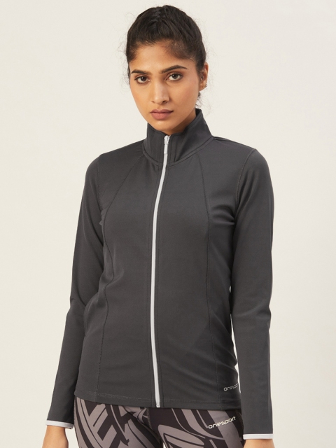 

onesport Women Charcoal Grey Solid Slim Fit Lightweight Training Sporty Jacket