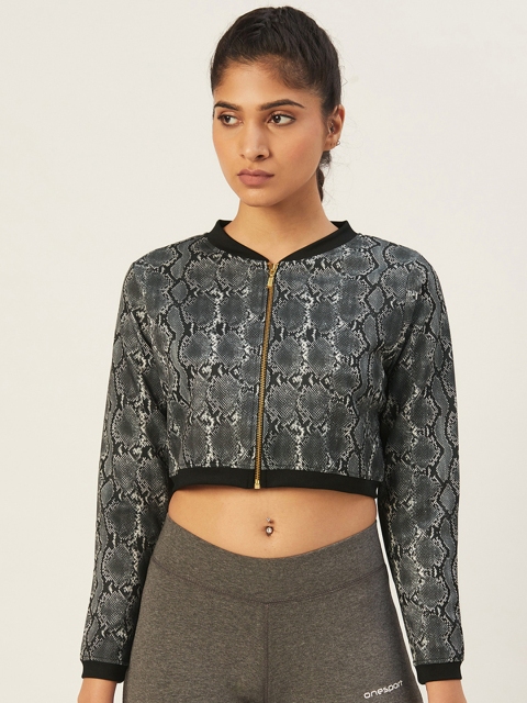 

onesport Women Charcoal Grey & White Animal Printed Lightweight Crop Sporty Jacket