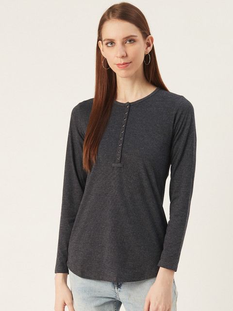

VERONIQUE Women Charcoal Grey Solid Henley Neck T-shirt