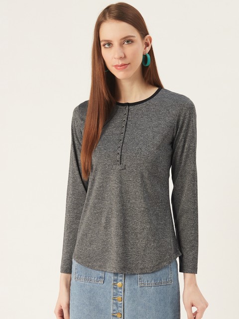 

VERONIQUE Women Charcoal Grey Solid Henley Neck T-shirt