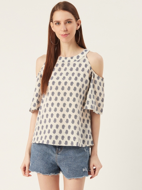 

VERONIQUE Women Off-White & Navy Blue Ethnic Print Cold-Shoulder Top
