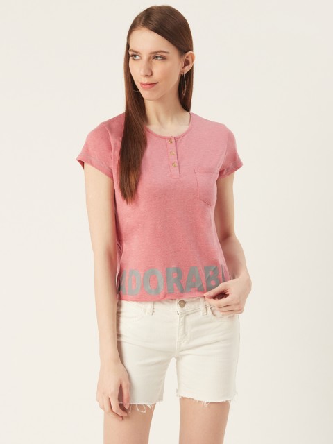 

VERONIQUE Women Pink Placement Print Henley Neck T-shirt