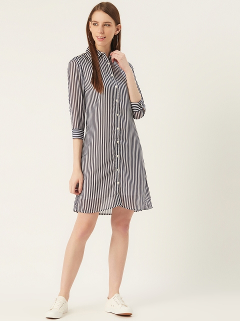 

VERONIQUE Women Navy Blue and White Striped Shirt Dress