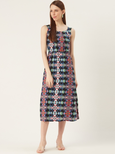 

VERONIQUE Women Black and Blue Printed A-Line Dress