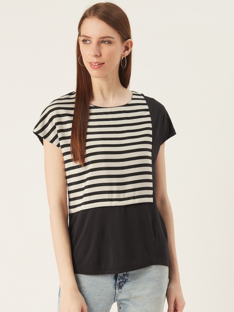 

VERONIQUE Women Black & Off-White Striped Round Neck T-shirt