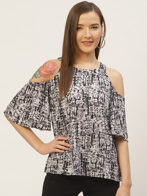 

VERONIQUE Women Black & White Printed Cold-Shoulder Top