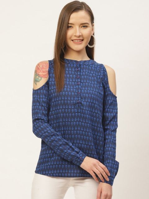 

VERONIQUE Women Navy Blue Printed Cold-Shoulder Pure Cotton Top