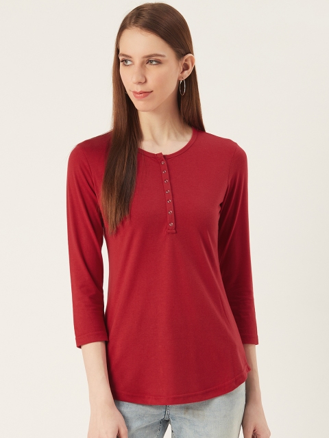 

VERONIQUE Women Red Solid Henley Neck T-shirt