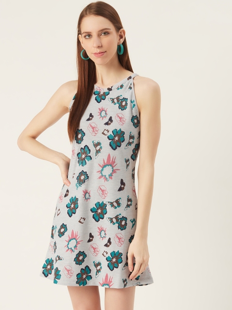 

VERONIQUE Women Grey and Pink Printed A-Line Dress
