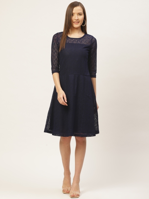 

VERONIQUE Women Navy Blue Floral Lace Semi Sheer A-Line Dress