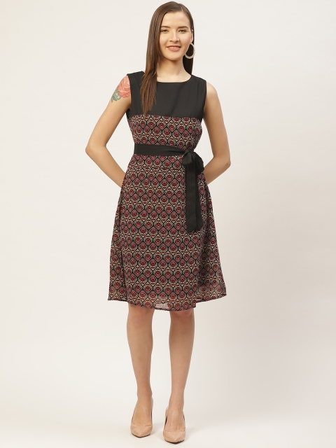 

VERONIQUE Women Black & Maroon Ethnic Motifs Print A-Line Dress with Belt