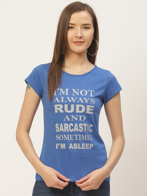 

VERONIQUE Women Blue & White Printed Round Neck T-shirt