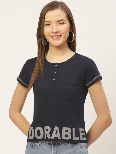 

VERONIQUE Women Navy Blue & Grey Melange Printed Henley Neck T-shirt