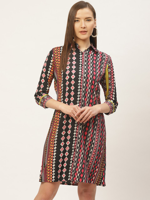 

VERONIQUE Women Black & Pink Geometric Print Shirt Dress