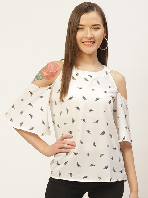 

VERONIQUE Women Off-White & Black Butterfly Printed Cold-Shoulder Top
