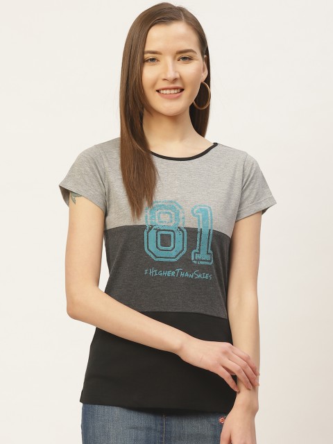 

VERONIQUE Women Grey & Blue Printed Round Neck T-shirt