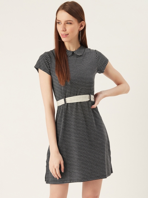 

VERONIQUE Women Charcoal Grey and Off-White Striped A-Line Dress