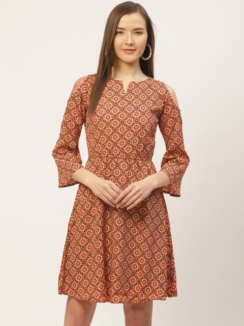 

VERONIQUE Women Beige & Mustard Yellow Ethnic Motifs Print A-Line Dress