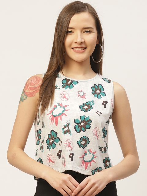 

VERONIQUE Women White & Teal Green Floral Print Round Neck T-shirt