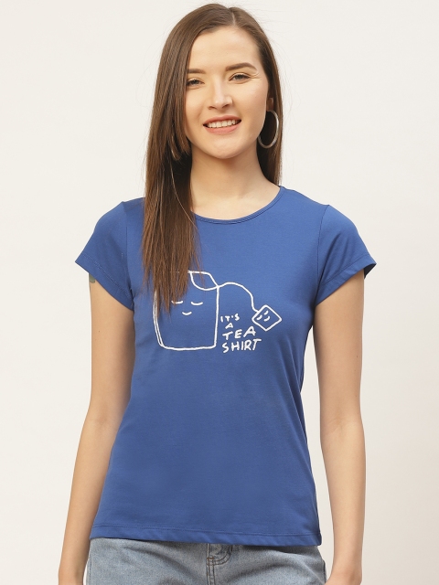 

VERONIQUE Women Blue & White Printed Round Neck T-shirt