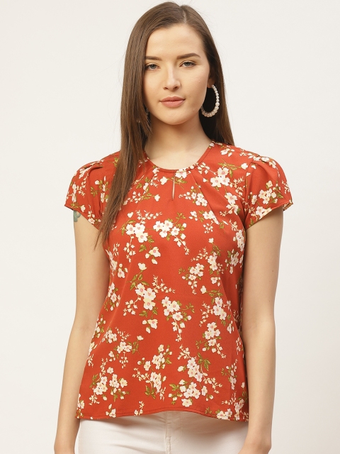 

VERONIQUE Women Rust Orange & Off-White Floral Print Top