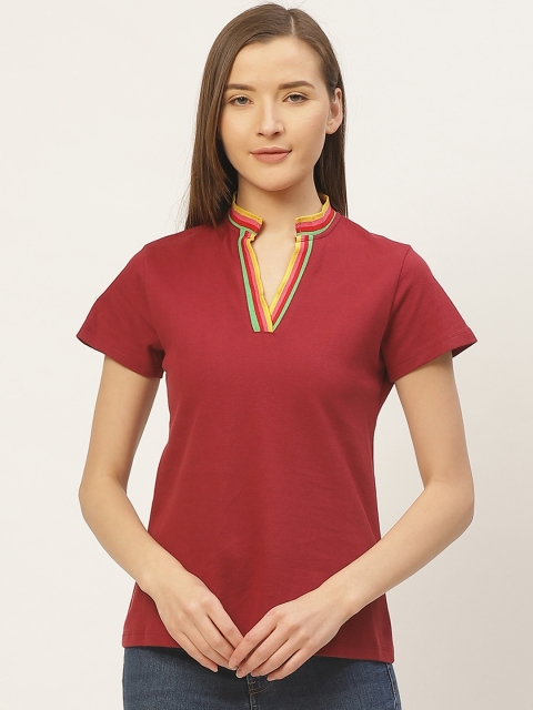 

VERONIQUE Women Maroon Solid Mandarin Collar T-shirt