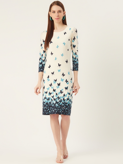 

VERONIQUE Women Off-White and Blue Printed Sheath Dress