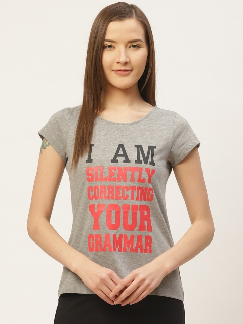 

VERONIQUE Women Grey Melange & Red Printed Round Neck T-shirt