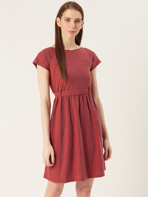 

VERONIQUE Women Maroon & Off-White Striped A-Line Dress