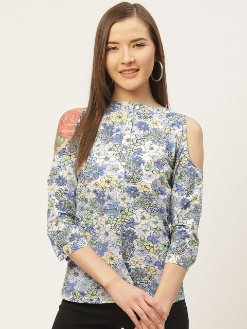 

VERONIQUE Women Blue & White Floral Print Cold-Shoulder Top