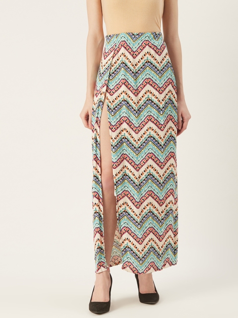 

VERONIQUE Women Off-White & Blue Chevron Print Maxi Dress With Slit