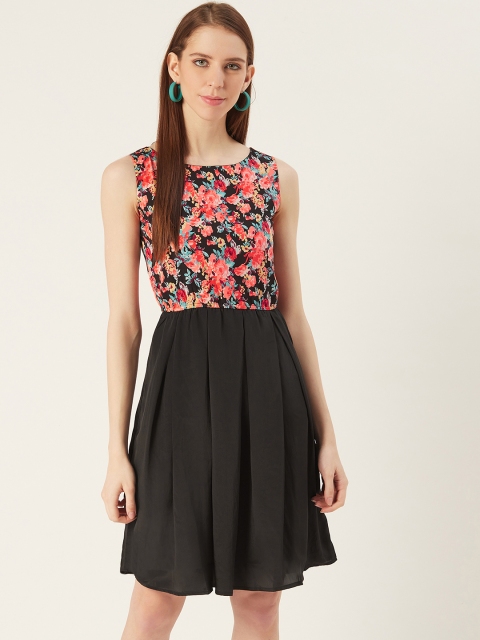 

VERONIQUE Women Black and Peach-Colored Printed A-Line Dress