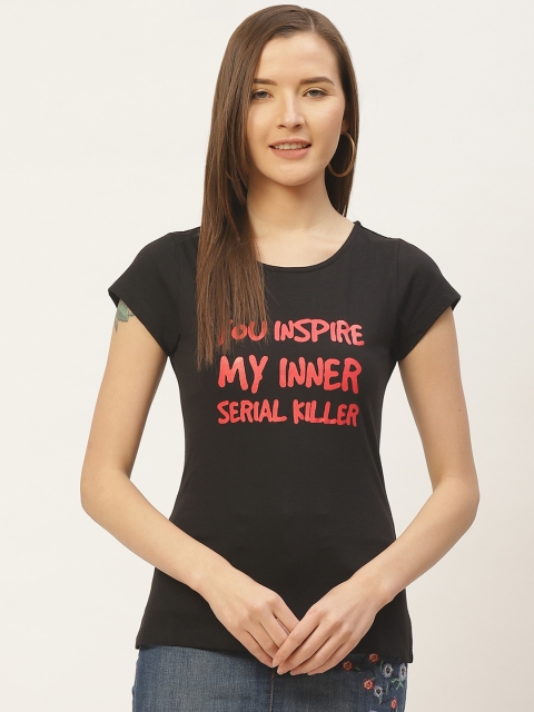 

VERONIQUE Women Black Typography Printed Round Neck T-shirt