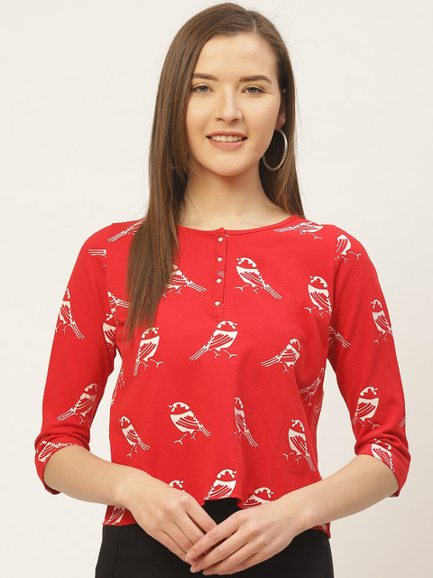 

VERONIQUE Women Red & White Bird Print Crop Henley T-shirt