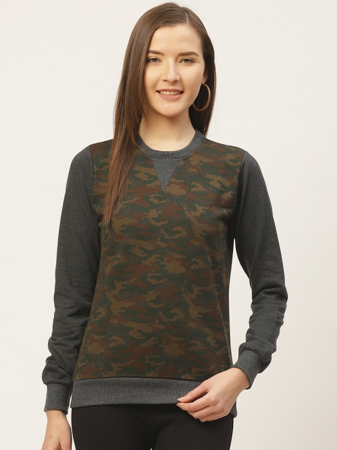 

VERONIQUE Women Green & Brown Printed Sweatshirt, Charcoal