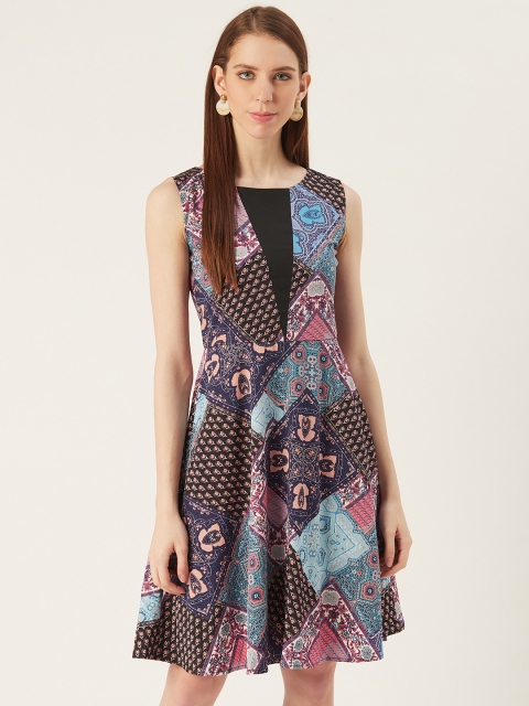 

VERONIQUE Women Blue & Pink Printed A-Line Dress