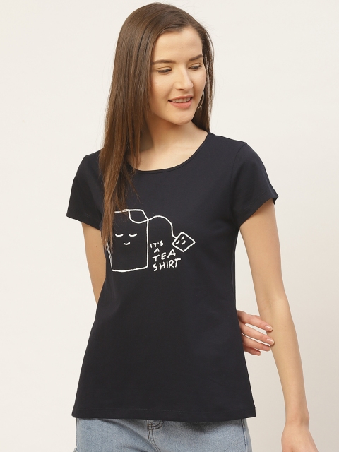 

VERONIQUE Women Navy Blue & White Printed Round Neck T-shirt