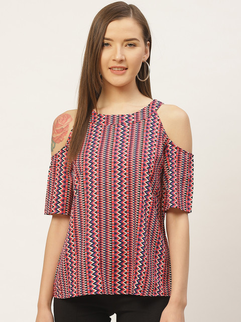 

VERONIQUE Women Red & Blue Chevron Print Cold-Shoulder Top