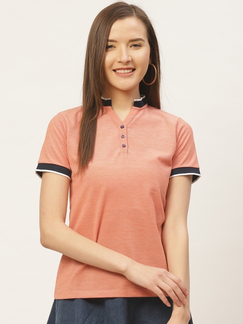 

VERONIQUE Women Peach-Coloured Solid Henley Neck T-shirt