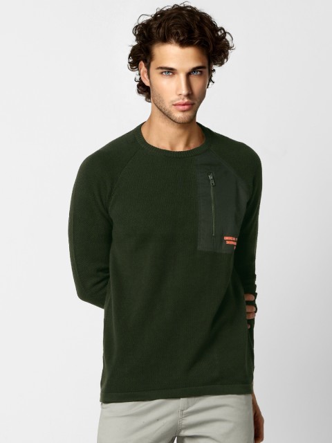 

Jack & Jones Men Olive Green Self Design Slim Pullover Sweater