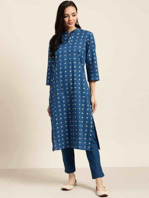 

Sangria Women Blue & Golden Printed Kurta with Trousers