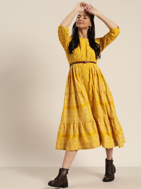 

Sangria Women Mustard Yellow & Beige Ethnic Motifs Print Pure Cotton A-Line Dress