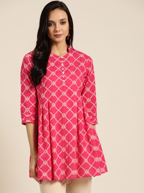 

Sangria Women Pink & Beige Pleated Printed Pure Cotton A-Line Top