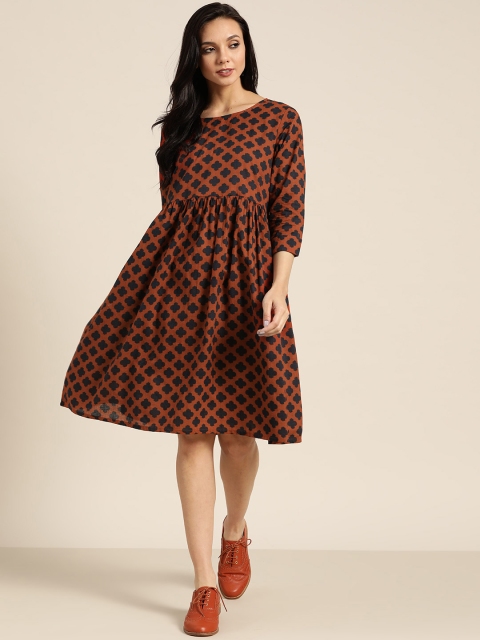 

Sangria Women Rust Orange & Navy Blue Printed Pure Cotton Empire Dress