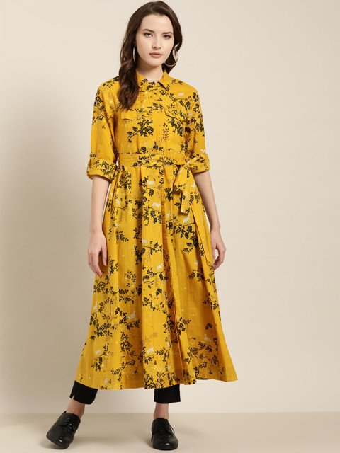

Sangria Women Mustard Yellow & Black Floral Print Shirt Tunic
