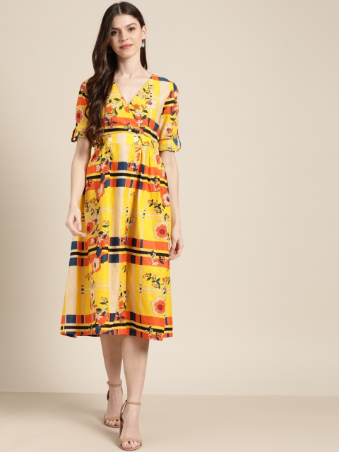 

Sangria Women Mustard Yellow & Orange Floral Print Wrap Dress