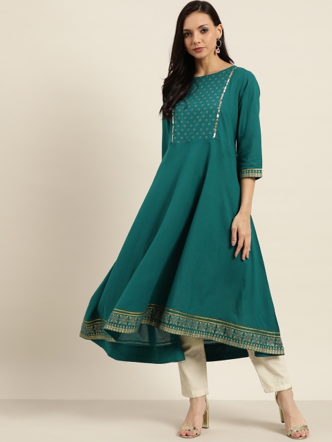 

Sangria Women Teal Blue Mirror Work Yoke Design Anarkali Kurta